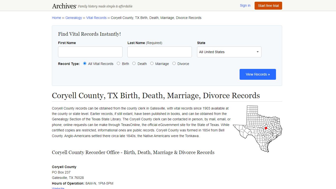 Coryell County, TX Birth, Death, Marriage, Divorce Records - Archives.com